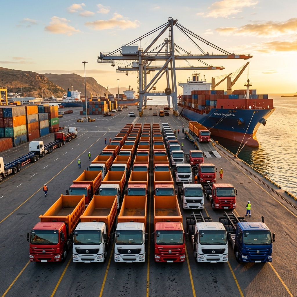 Flotte de camions bennes chinois sur le quai d'un port africain