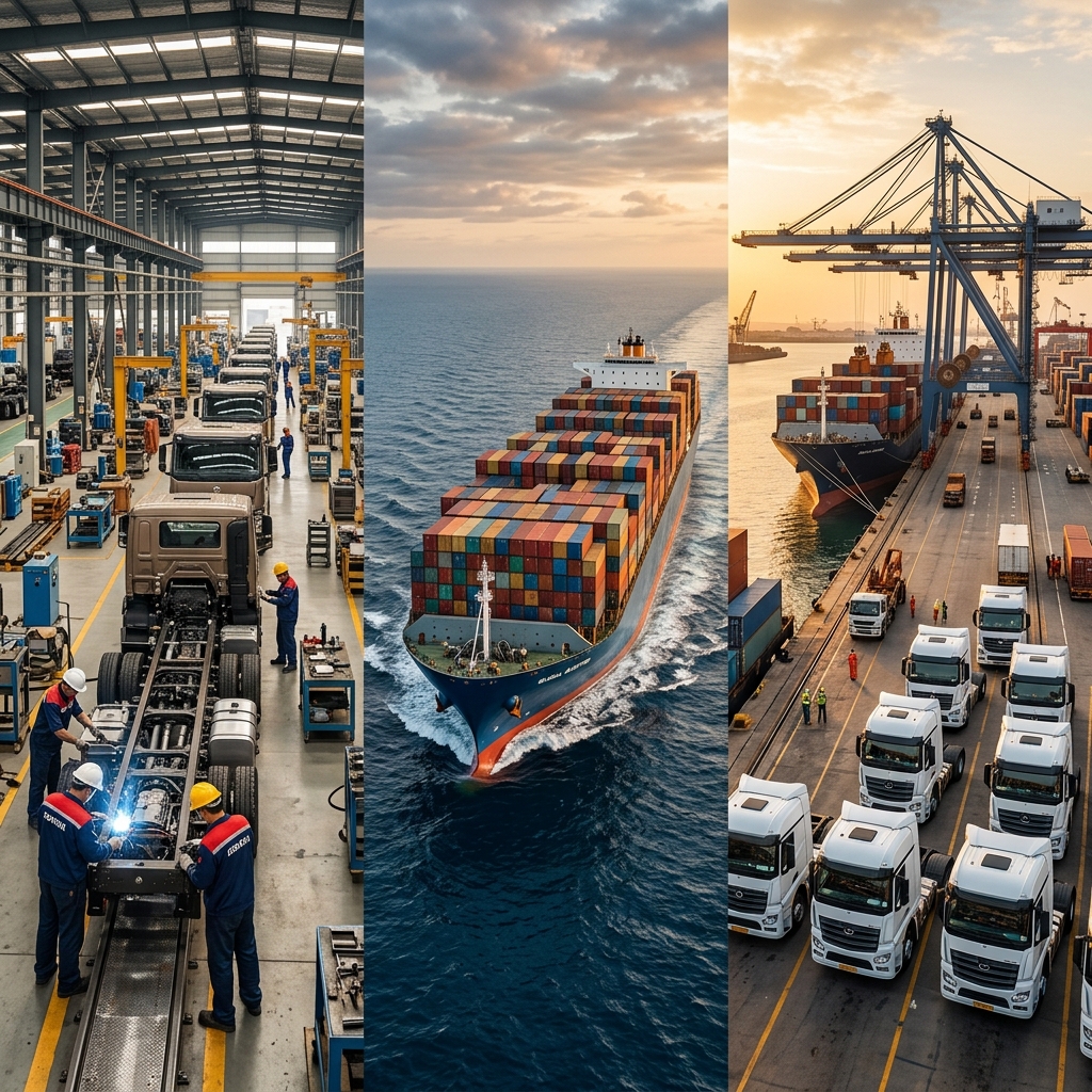 Processus d'importation de camions : usine Chine, inspection, cargo maritime, port Afrique